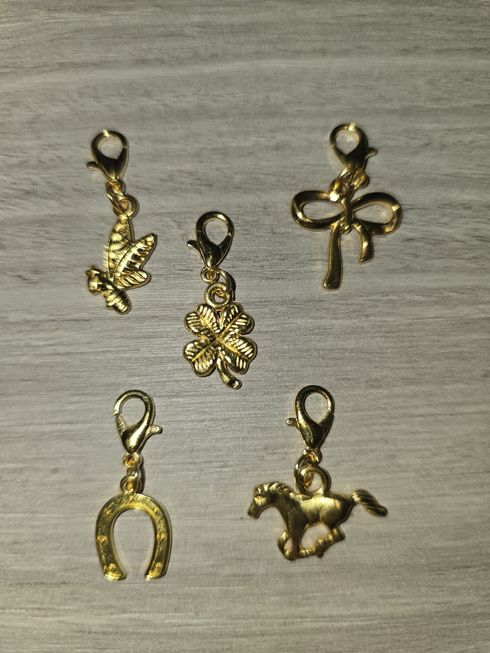 Gold Charm Set — Horseshoe, Clover, Horse, Bow & Bee, Brand New